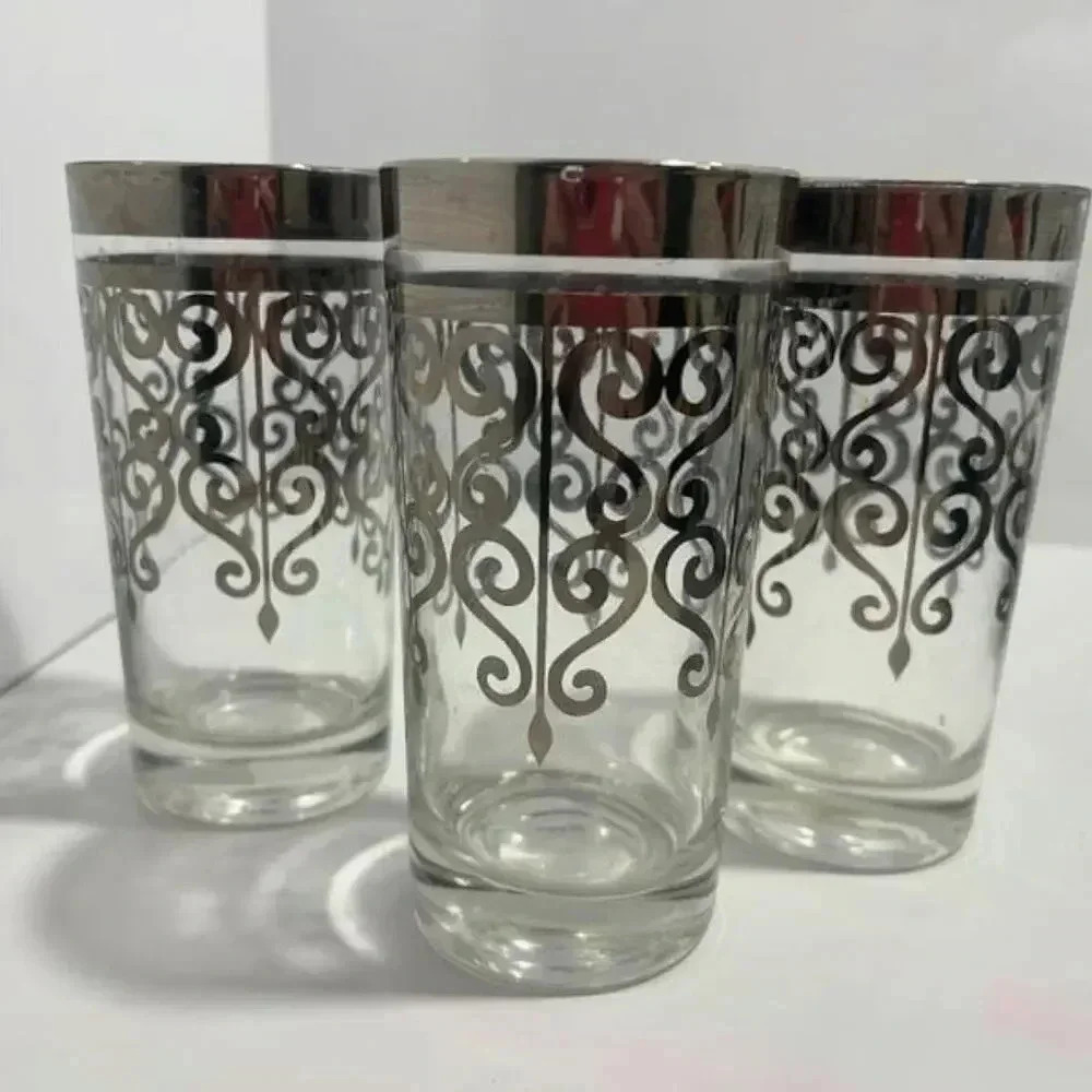 Vintage MCM Mid Century Silver Rimmed Scroll Pattern Highball Glasses Set of 3
